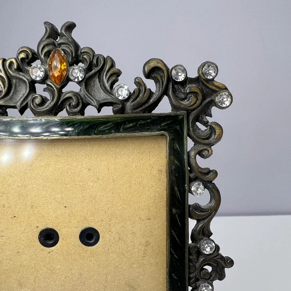 Ornate Bejeweled Frame Bronze Color 3.25 x 2.25 Vintage Green Enamel Baroque